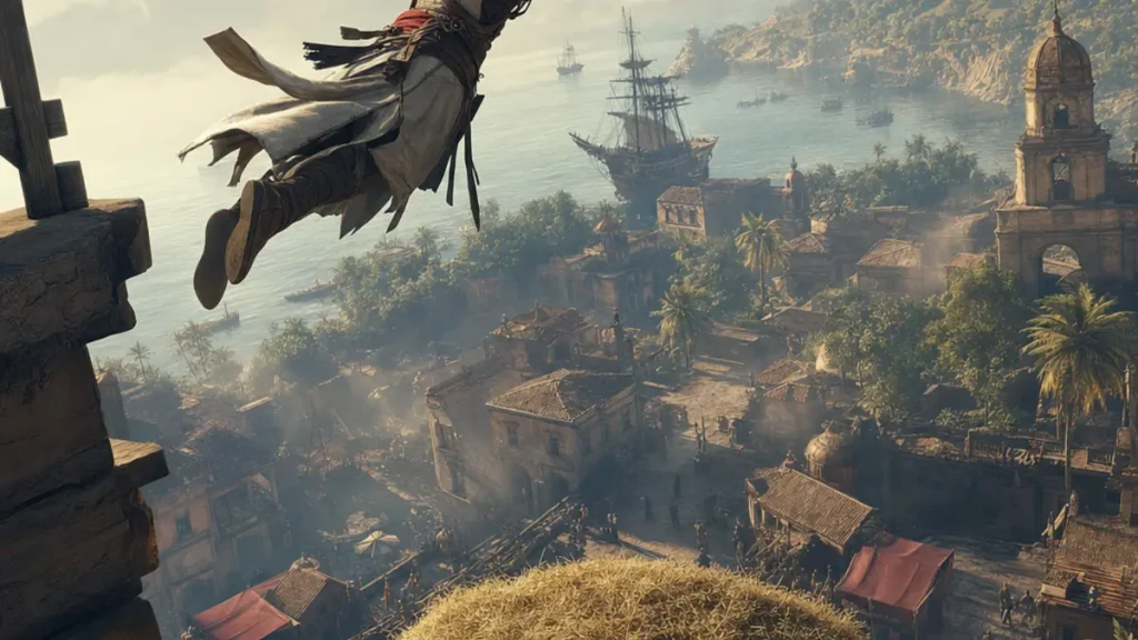 Athlete en cosplay Assassin's Creed sautant dans du foin depuis 18 metres pour un record du monde