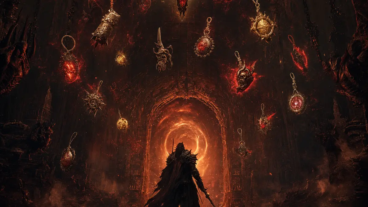 Interface de Diablo IV montrant un Charme Unique Mythique dans le Talisman d'un personnage