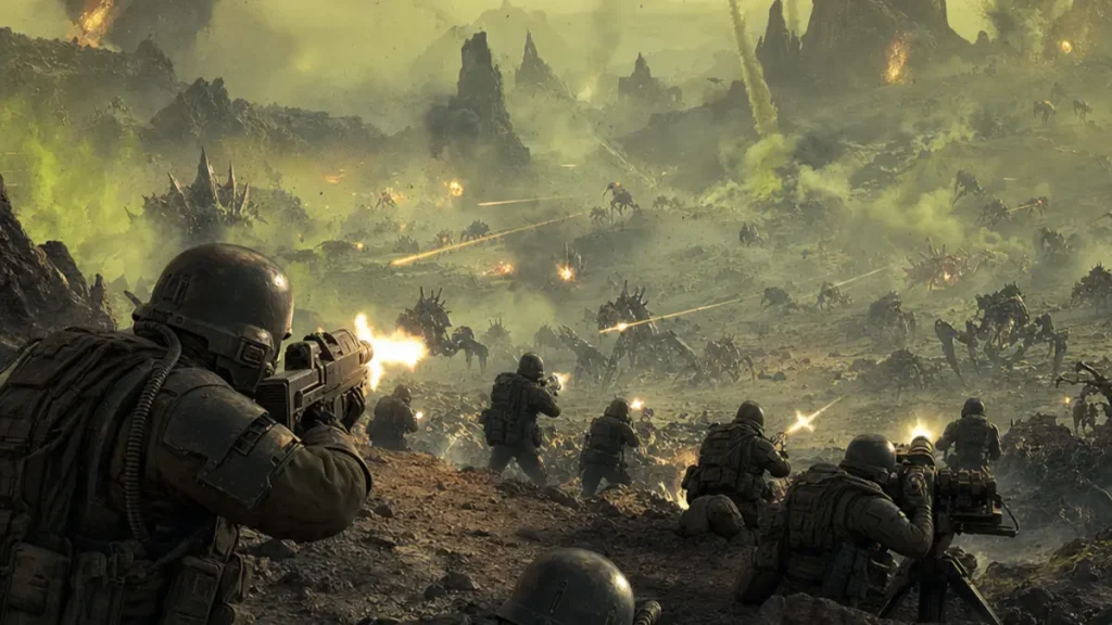 Helldivers 2 Legendary Warbond Warhammer 40K avec soldats de l'Astra Militarum