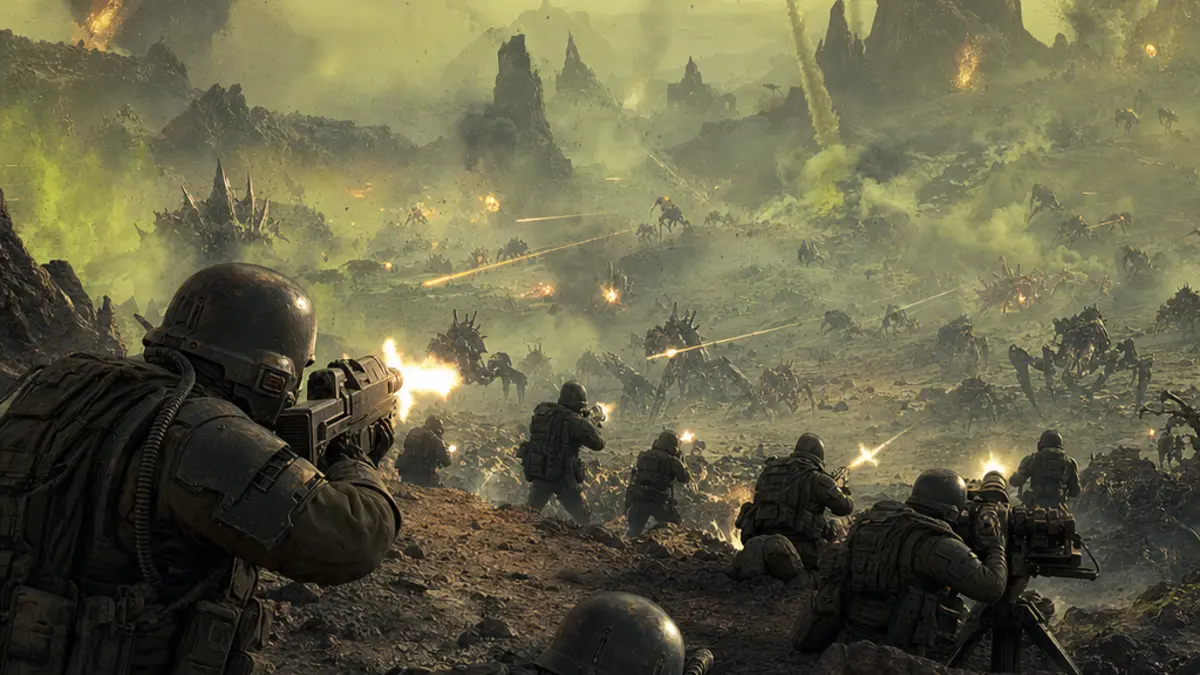 Helldivers 2 Legendary Warbond Warhammer 40K avec soldats de l'Astra Militarum