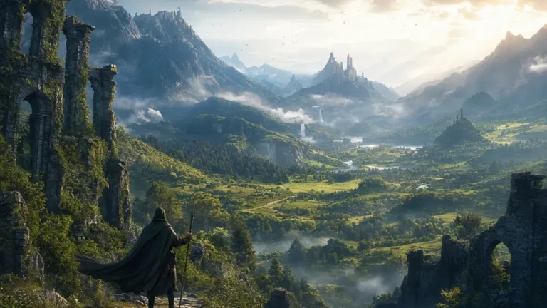 Logo Warhorse Studios avec paysage de la Terre du Milieu en arriere-plan pour leur RPG open-world