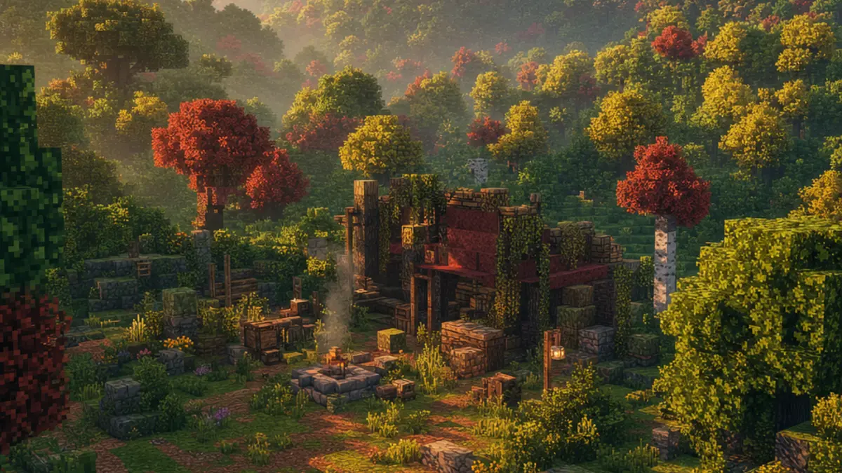 Le biome Dappled Forest de Minecraft avec ses arbres Peuplier aux couleurs rouge, vert et jaune