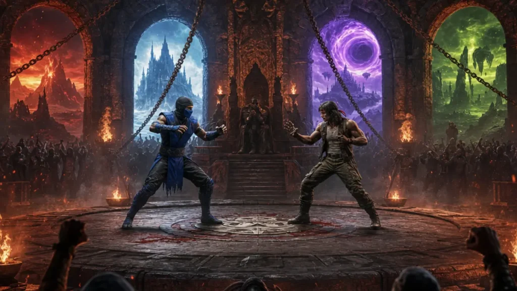 Scene de combat du film Mortal Kombat II avec les arenes iconiques du jeu video