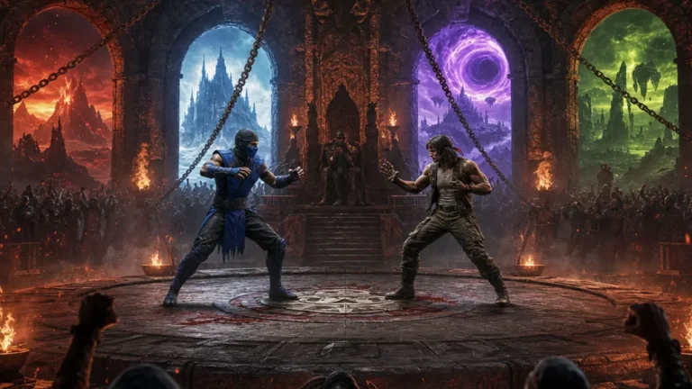 Scene de combat du film Mortal Kombat II avec les arenes iconiques du jeu video