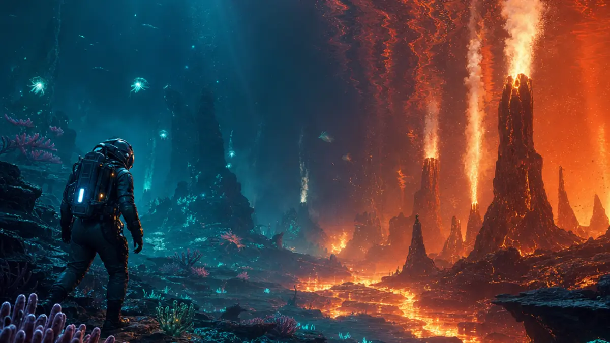 Biome desertique sous-marin de Subnautica 2 avec avertissement de temperature rouge a l'ecran
