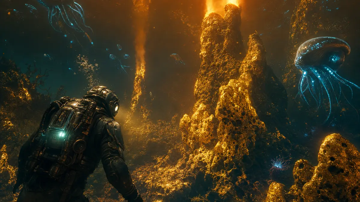 Depot d'or brillant sur des roches orangees dans le biome chaud de Subnautica 2