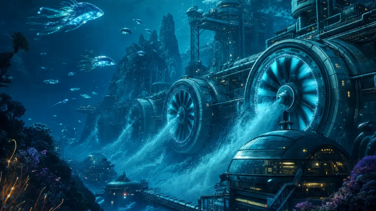 Turbine Hydroelectrique installee dans un courant sous-marin dans Subnautica 2
