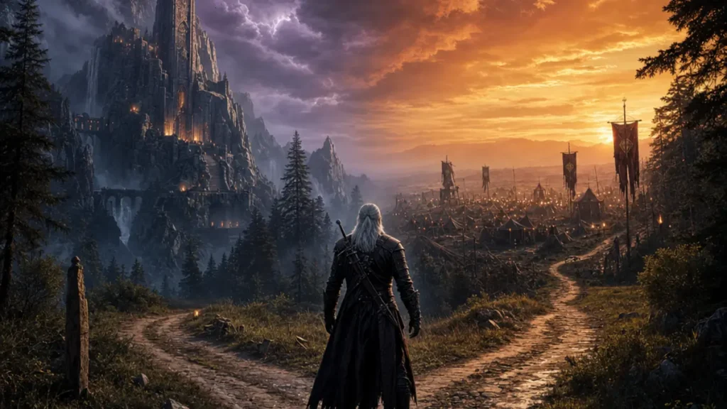 The Witcher 2 Assassins of Kings, Geralt dans un decor medieval fantastique sombre