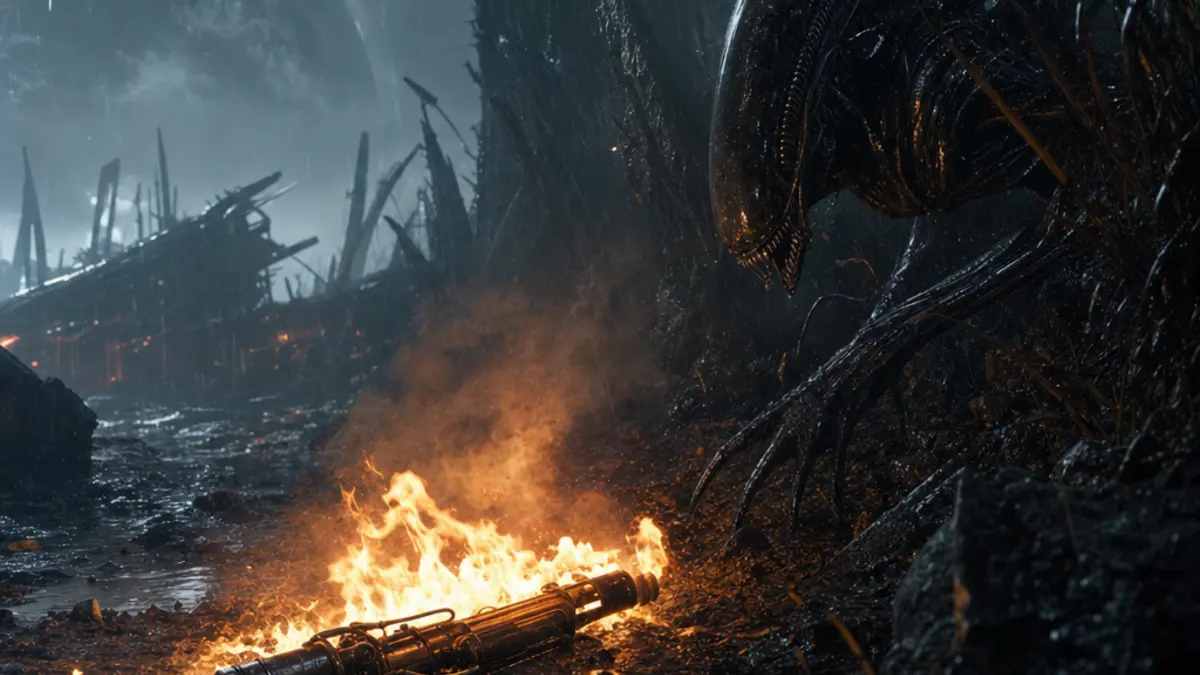 Image du trailer d'Alien: Isolation 2 montrant un lance-flammes abandonne au sol sur une planete pluvieuse, avec un Xenomorph dans l'ombre.
