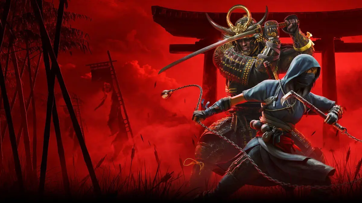 Visuel d'Assassin's Creed Shadows affichant Naoe et Yasuke face a un donjon japonais avec l'annonce du patch 1.1.11