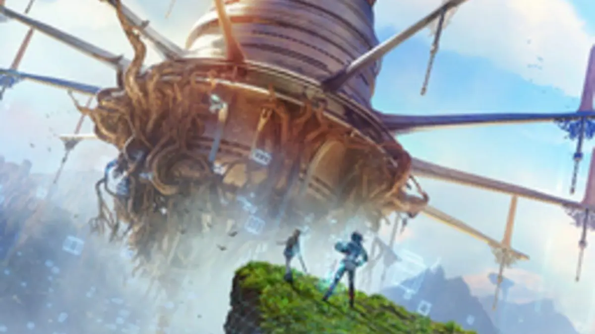 Visuel du trailer narratif d'Echoes of Aincrad montrant le chateau volant d'Aincrad et un aventurier en combat.