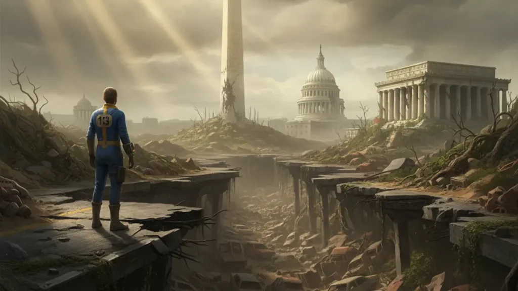 Capture d'ecran du remaster fan made de Fallout 3 sous Unreal Engine 5, montrant une texture amelioree et un eclairage modernise dans la Capital Wasteland.
