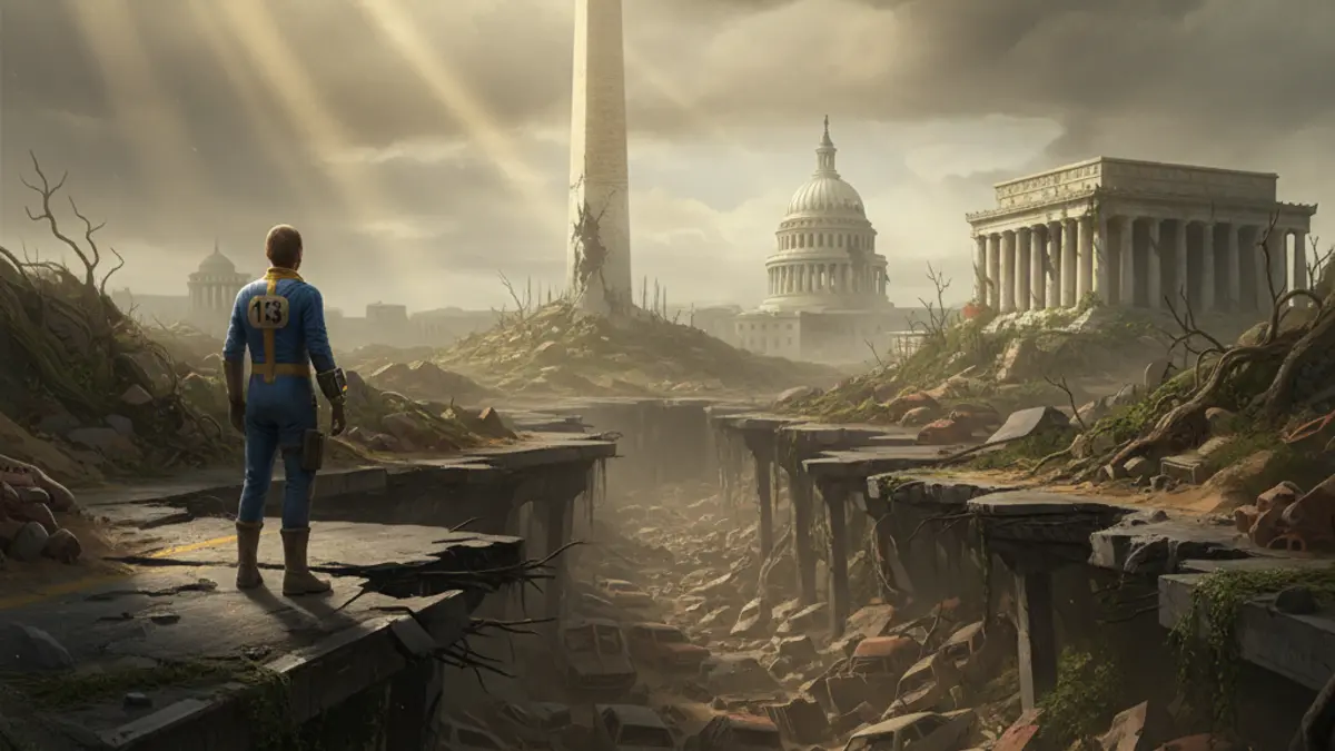 Capture d'ecran du remaster fan made de Fallout 3 sous Unreal Engine 5, montrant une texture amelioree et un eclairage modernise dans la Capital Wasteland.