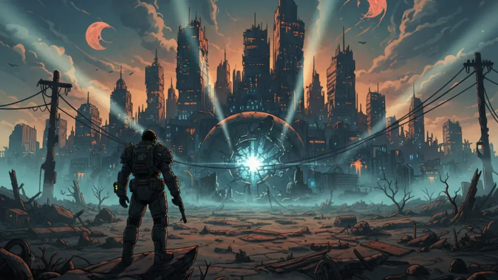 Illustration de Fallout 5 avec un paysage post-apocalyptique emblematique et le logo du jeu.