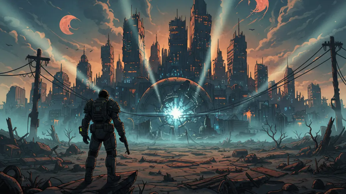Illustration de Fallout 5 avec un paysage post-apocalyptique emblematique et le logo du jeu.