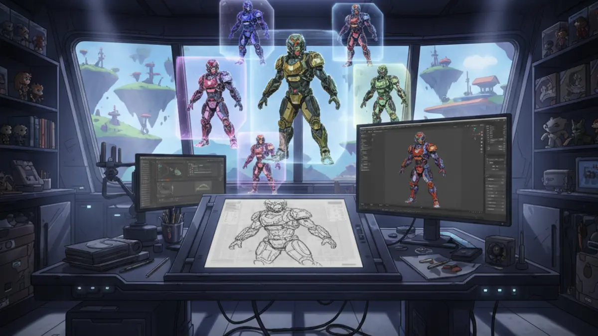 Illustration montrant le processus de creation d'un skin Fortnite avec l'aide de l'IA generative, de l'esquisse au modele 3D final.