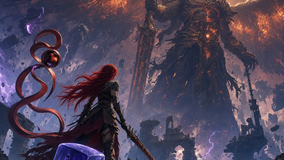 Illustration de God of War Laufey montrant Faye face a des dieux anciens, avec une ambiance mystique et des elements magiques.