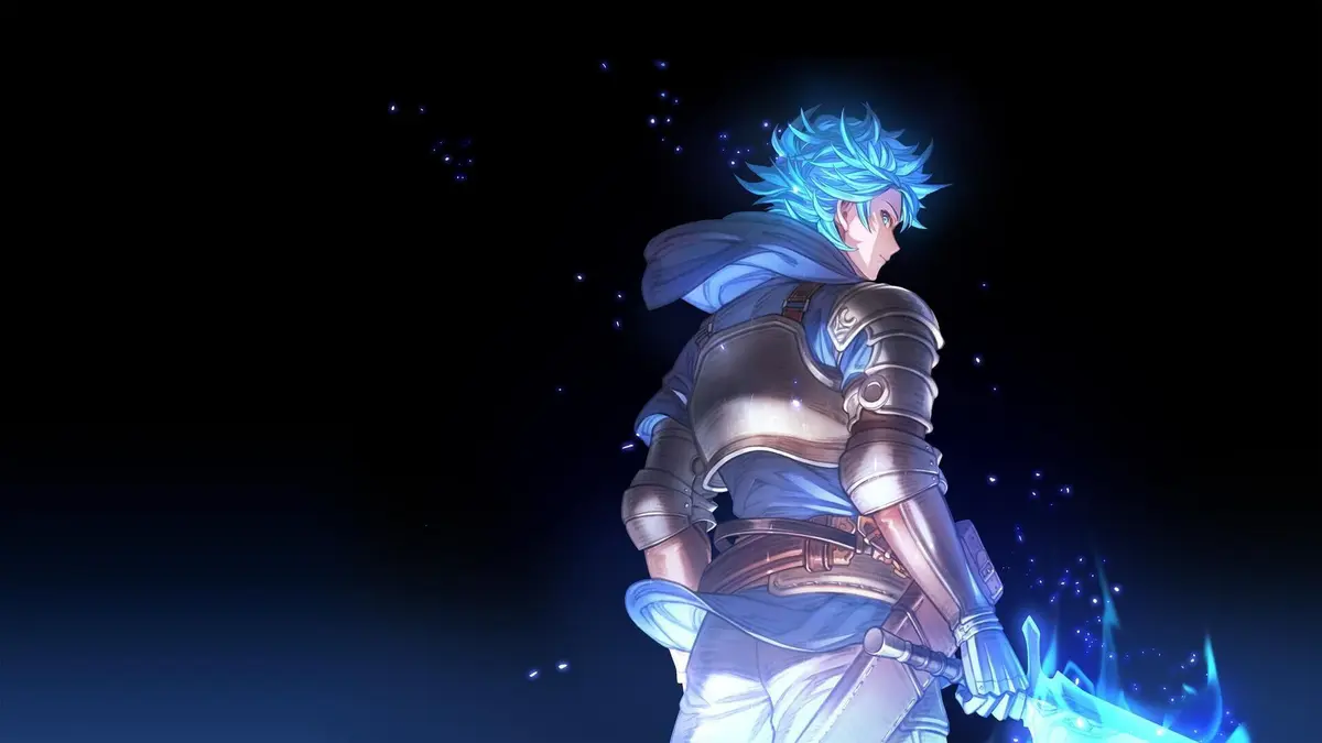 Visuel de Granblue Fantasy Versus: Rising montrant le personnage Id et le stage Ainsteddo Archipelago sur fond de logo Nintendo Switch 2