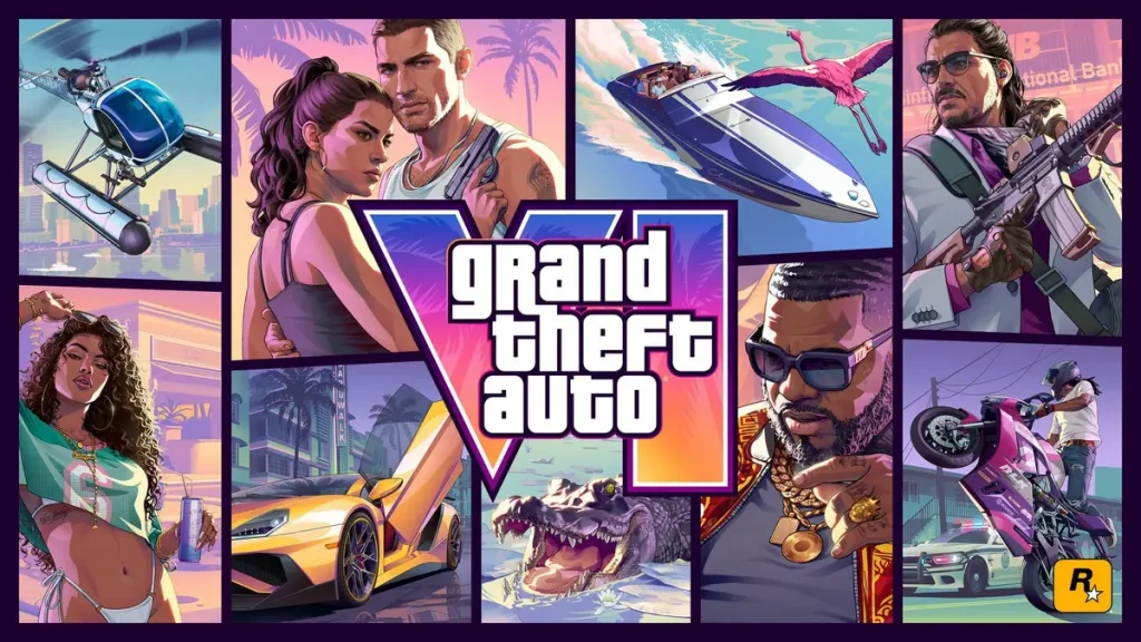 Visuel promotionnel de GTA 6 illustrant le duo de protagonistes dans les rues de Vice City, avec des graphismes next-gen.
