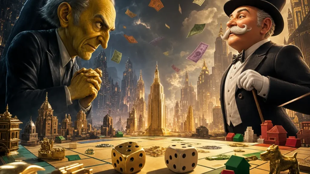 Illustration du crossover Monopoly Go et Les Simpson, avec Mr. Burns et M. Monopoly en duel.