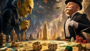 Illustration du crossover Monopoly Go et Les Simpson, avec Mr. Burns et M. Monopoly en duel.