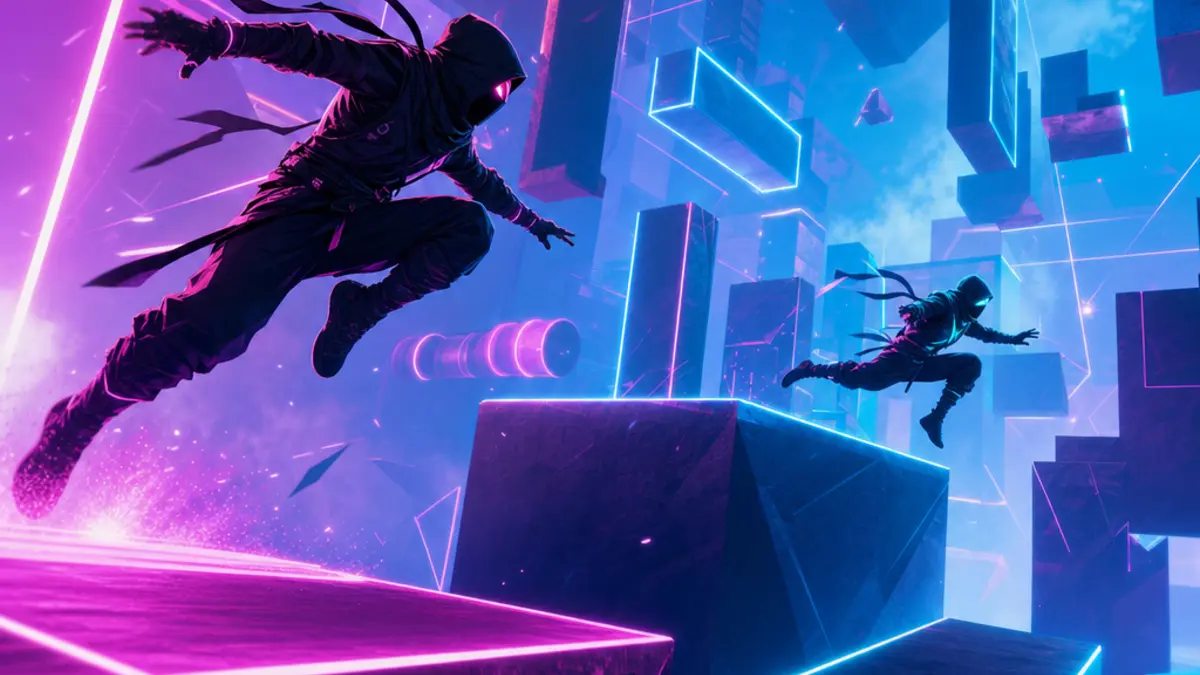 Image du jeu N+ Infinity Times Two avec des ninjas en course dans un niveau abstrait et colore.