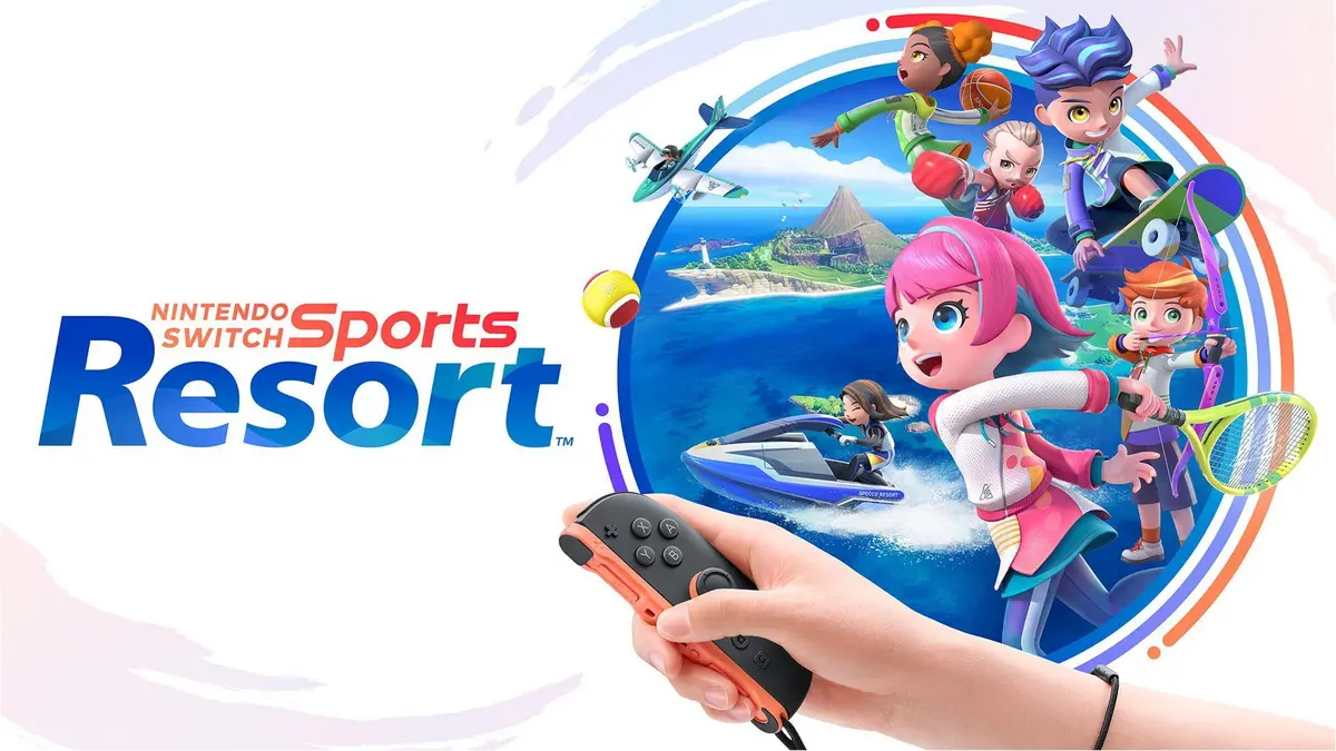 Visuel de Nintendo Switch Sports Resort montrant l'ile Wuhu et plusieurs sports jouables avec les Joy-Con 2 sur Nintendo Switch 2