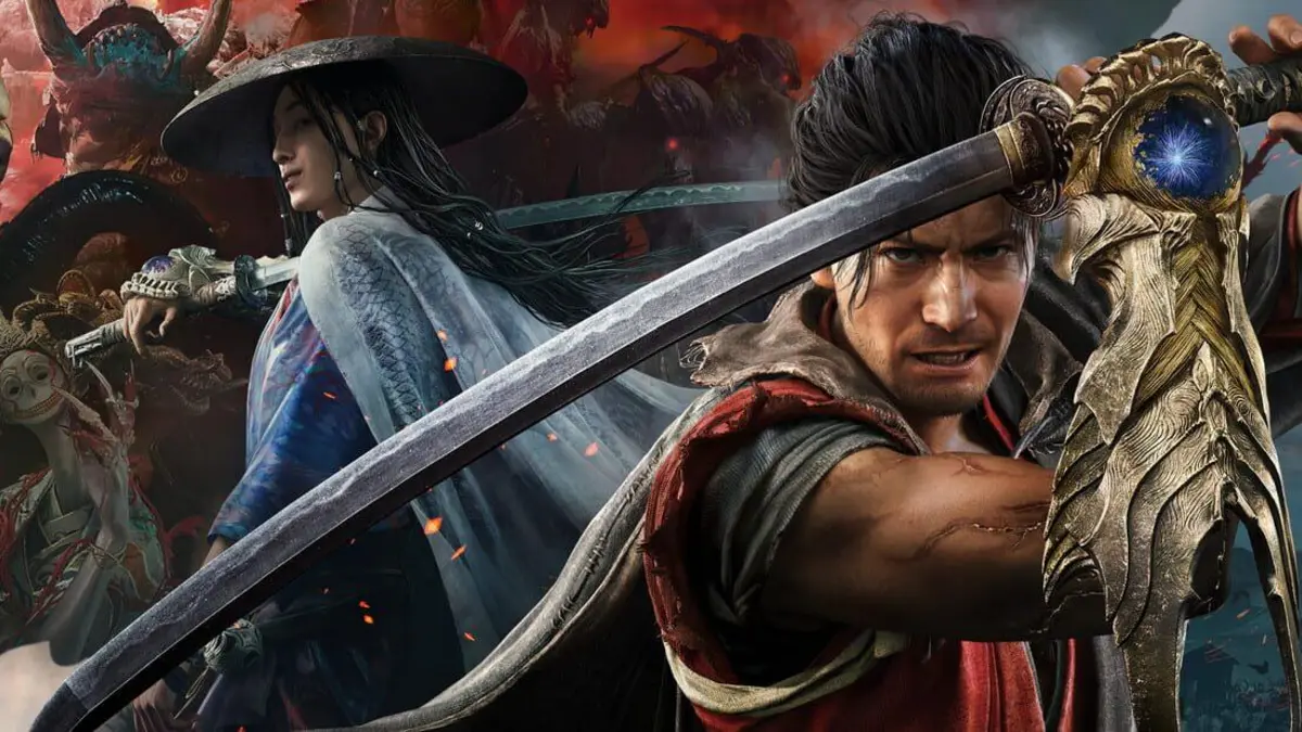 Illustration d'Onimusha: Way of the Sword avec un samourai arme d'un katana sur fond de Japon feodal.