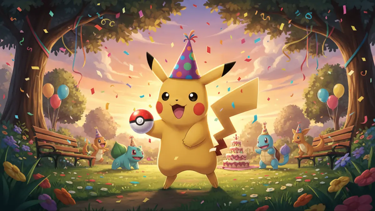 Illustration d'un Pikachu portant un chapeau de fete dans Pokemon GO pour une celebration anniversaire.