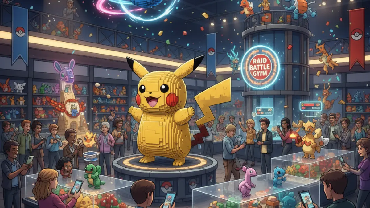 Un Pikachu chromatique avec un fond special LEGO apparait dans Pokemon GO lors d'un evenement en magasin LEGO Store.