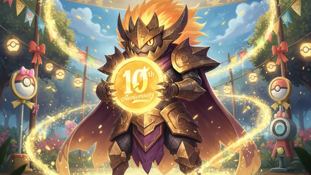 Gimmighoul Forme Rugissante avec la piece du 10e anniversaire de Pokemon GO, un Pokemon ultra-rare capturable les 4, 5 et 6 juillet 2026.