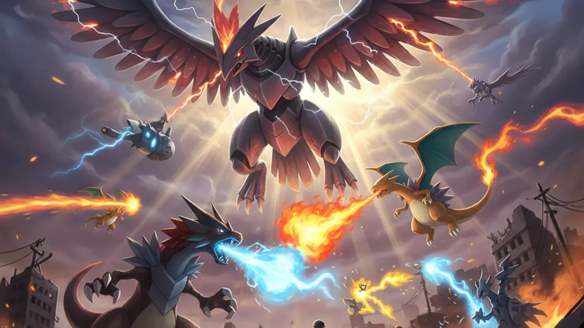 Visuel officiel de Mega Skarmory dans Pokemon GO, Pokemon Acier Vol impressionnant pret a combattre dans un mega raid.