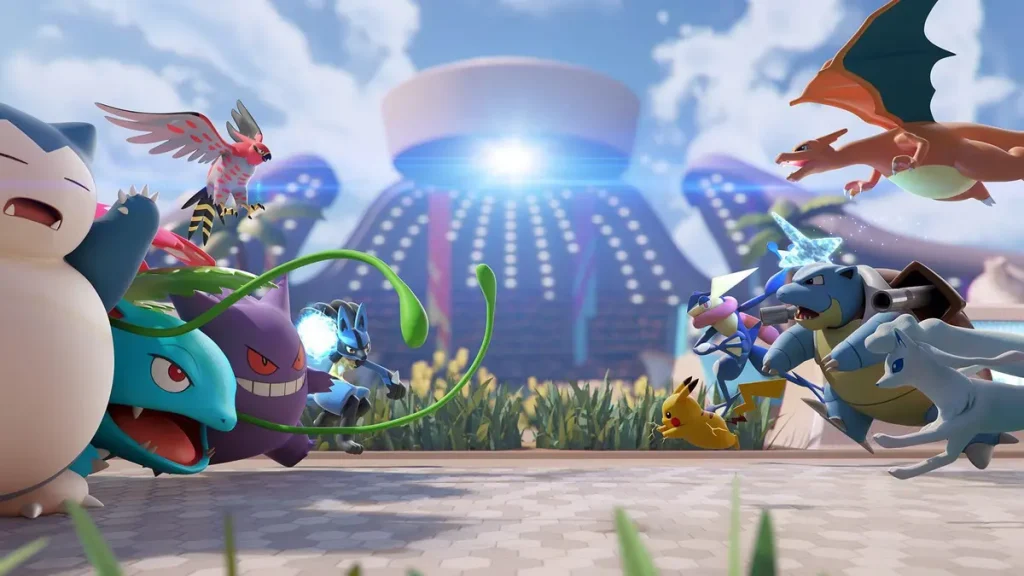 Image extraite d'une video de fuite montrant Yveltal dans Pokemon UNITE, avec l'interface du jeu et des effets de competences.