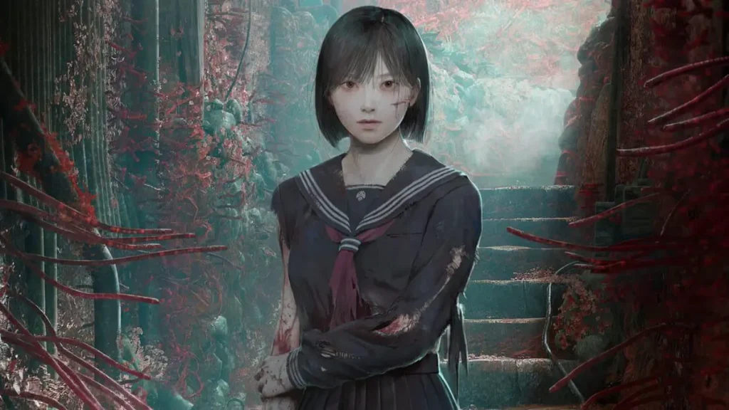 Hinako Shimizu portant le costume Mio Amakura et le masque de renard dans Silent Hill f, crossover Fatal Frame II.