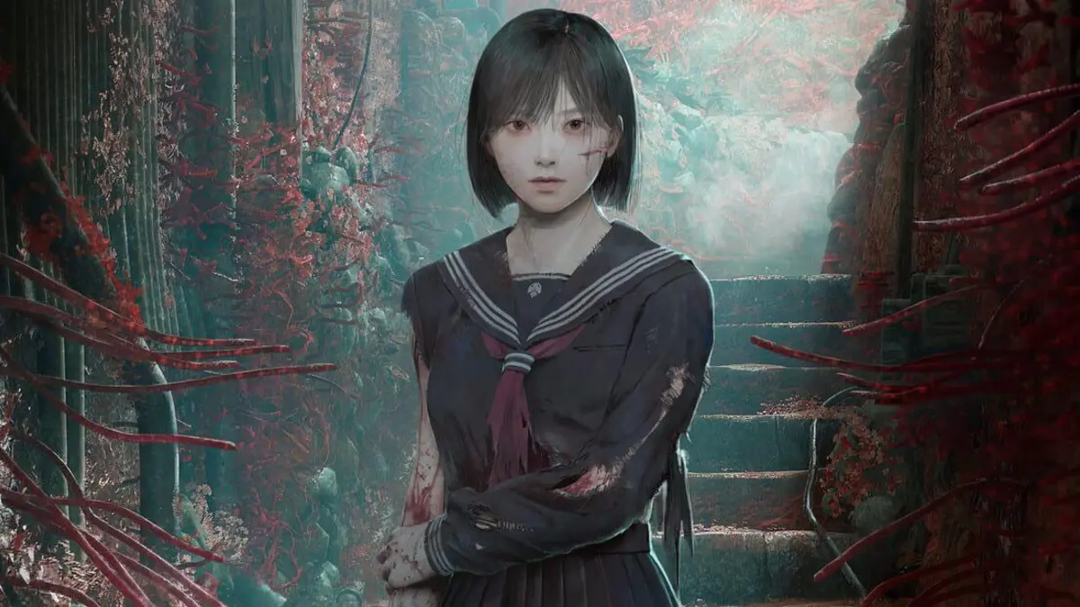 Hinako Shimizu portant le costume Mio Amakura et le masque de renard dans Silent Hill f, crossover Fatal Frame II.