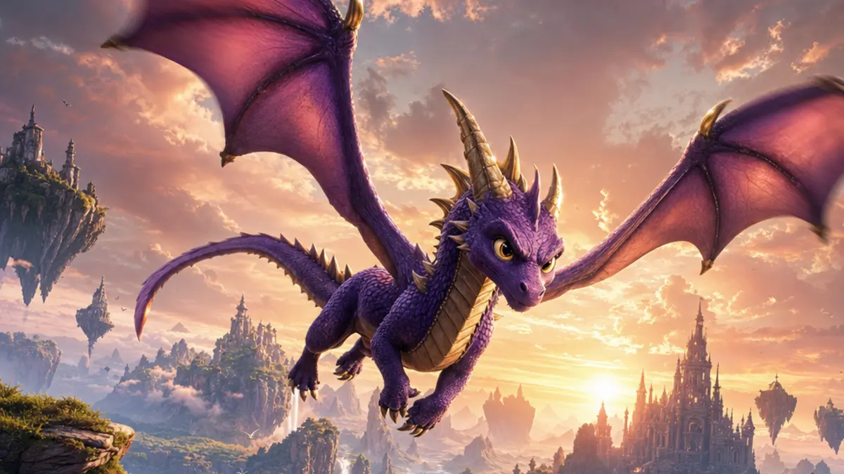 Spyro en plein vol libre dans Spyro A Realm Beyond, deployant ses ailes au-dessus d'un monde colore.