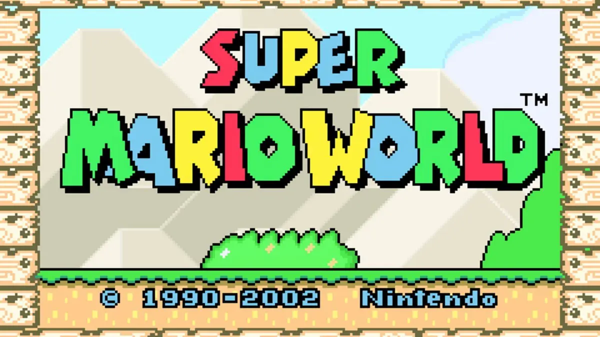 Capture d'ecran de Super Mario World sur SNES montrant Mario chevauchant Yoshi dans un niveau colore de Dinosaur Land, illustrant le debat sur son statut de meilleur jeu de la console.