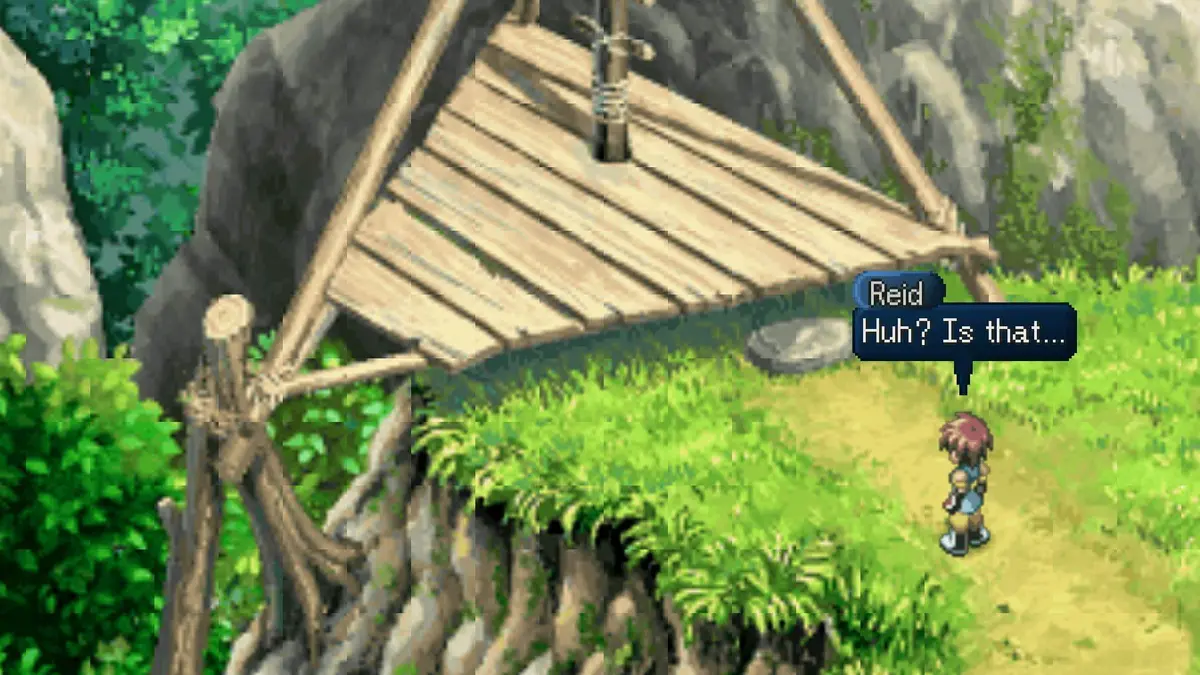 Illustration de Tales of Eternia Remastered montrant les personnages principaux Reid, Farah, Keele et Meredy devant les mondes d'Inferia et Celestia.