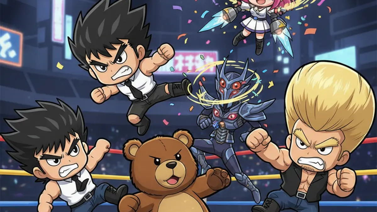 Teaser de TEKKEN! CARTOON montrant Kazuya, Kuma, Yoshimitsu, Paul et Alisa en version super deformed.