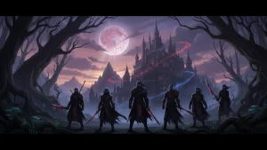 Illustration du jeu The Duskbloods avec le logo de la Switch 2 annoncant un playtest estival.