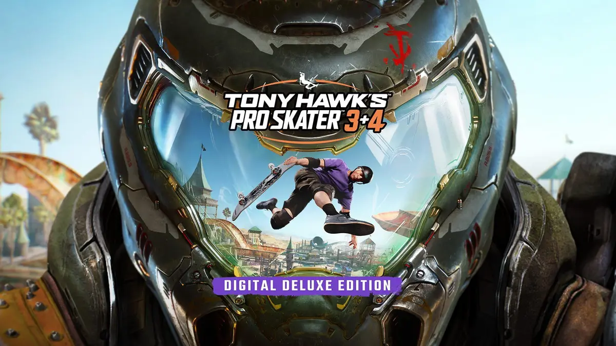 Un skater realise un trick aerien dans un skatepark colore du jeu Tony Hawk's Pro Skater 3 + 4, disponible day one dans le Xbox Game Pass.