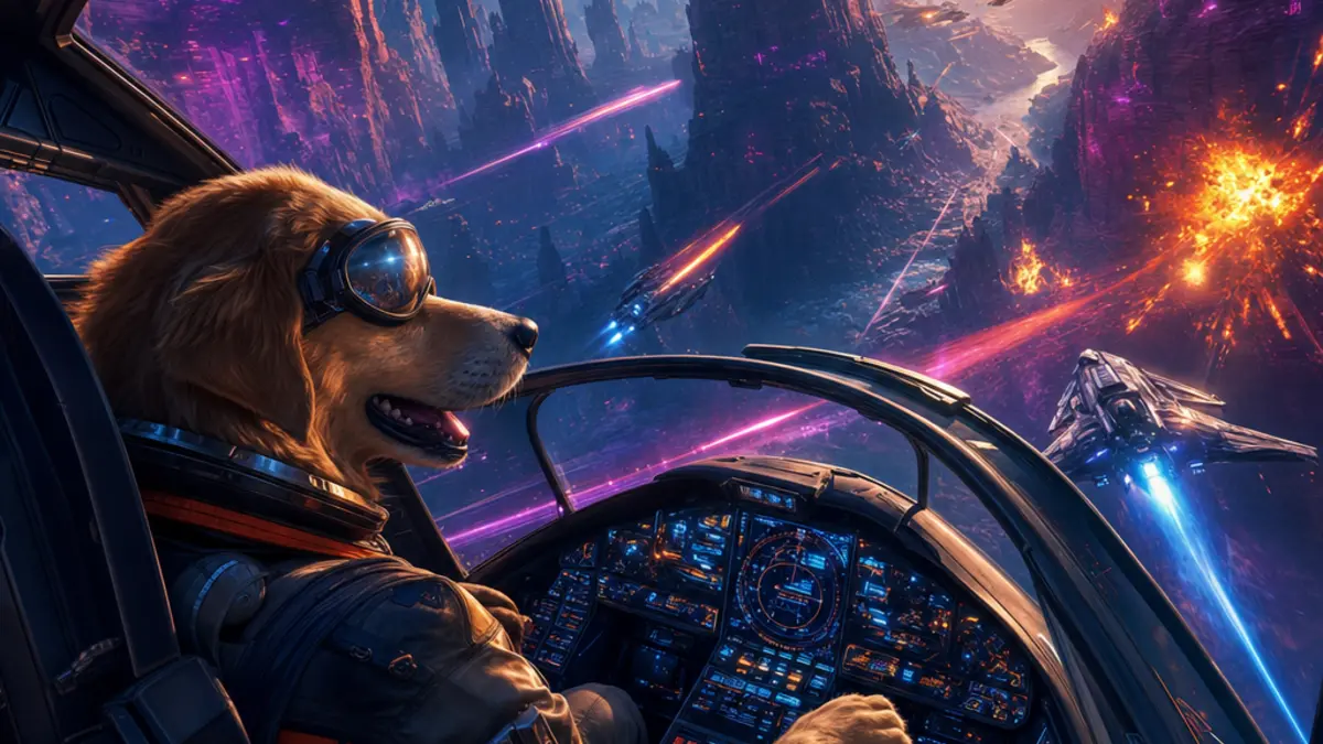 Visuel du jeu Wild Blue Skies montrant le chien pilote Bowie Stray dans un vaisseau spatial, affrontant des ennemis sur une planete extraterrestre.