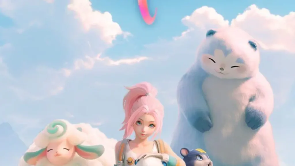 Image du jeu Aniimo montrant un personnage fusionnant avec une creature dans un monde ouvert colore