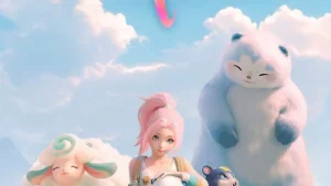 Image du jeu Aniimo montrant un personnage fusionnant avec une creature dans un monde ouvert colore