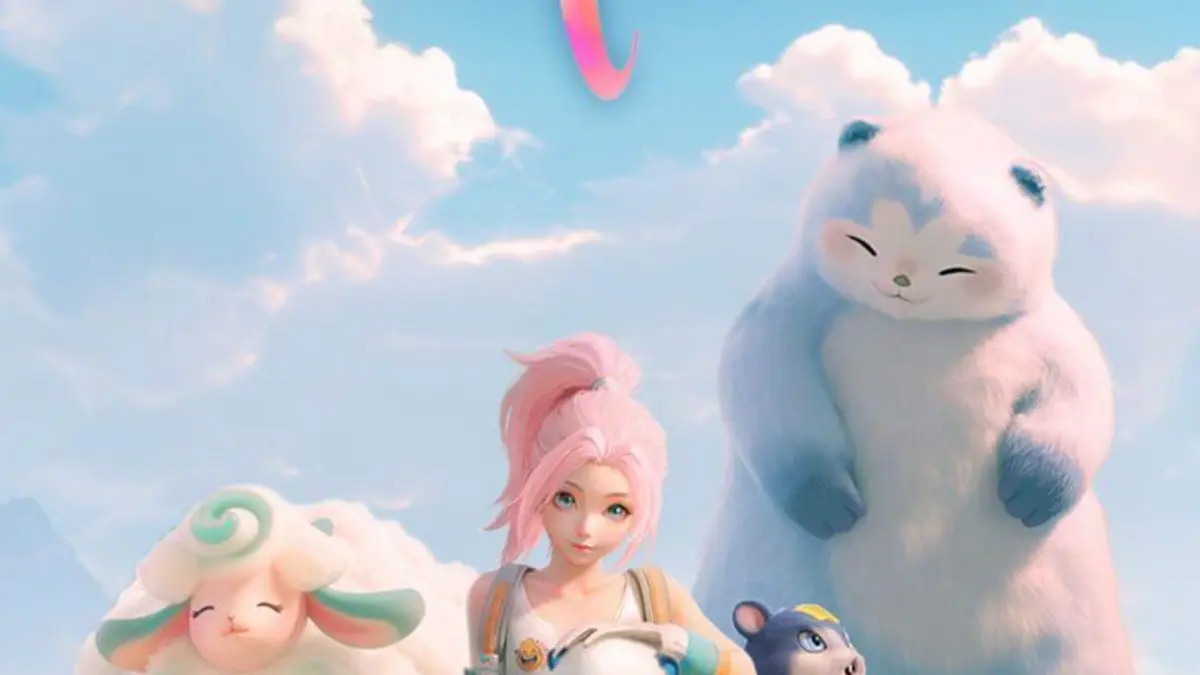 Image du jeu Aniimo montrant un personnage fusionnant avec une creature dans un monde ouvert colore
