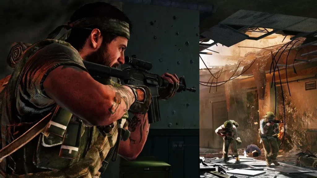 Visuel du portage PS5 de Call of Duty: Black Ops, montrant Alex Mason en pleine action dans la jungle vietnamienne, avec le logo du jeu.
