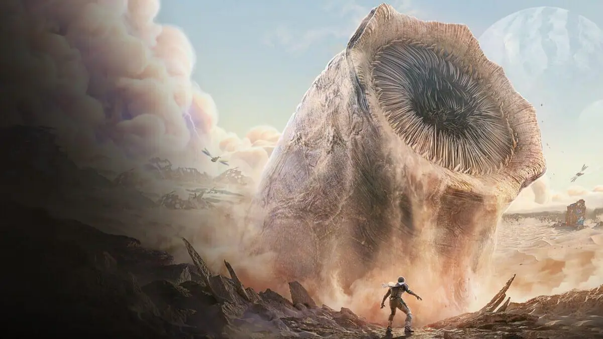 Boite de Dune Awakening sur fond desertique, avec logo PS5