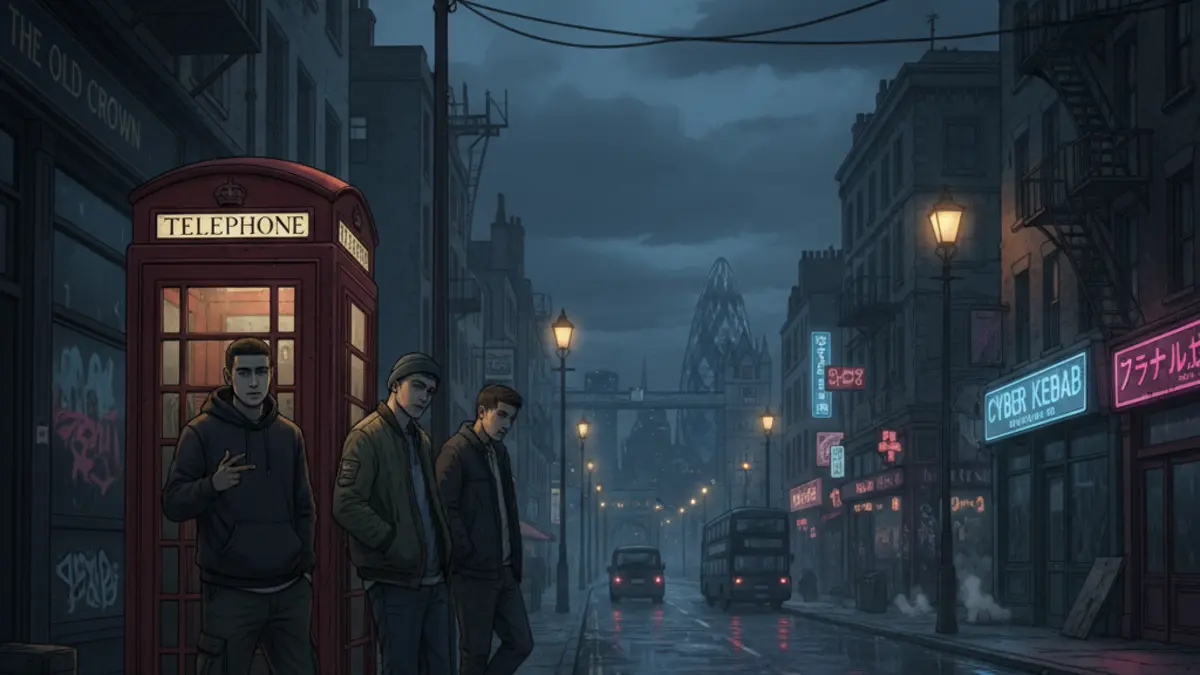 Capture d'ecran du jeu ENDS montrant un combat de rue dans les rues de Londres avec un personnage donnant un coup de poing