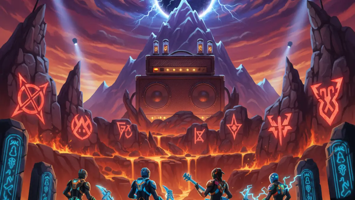 Vue de l'ile Fortnite ARTE Riff Mountain, une montagne metal inspiree du Hellfest, vue par des millions de joueurs.