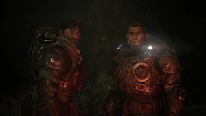 Illustration de Gears of War: E-Day mettant en avant le mode multijoueur Horde Siege avec Marcus Fenix affrontant une vague de Locusts dans une rue en ruines de Kalona.